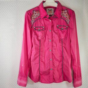 Roar Pink Embroidered Western Button-Down Shirt With Zipper detail